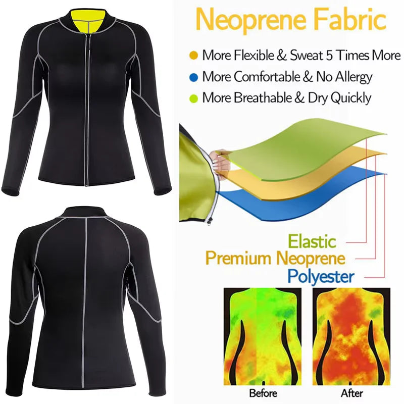 Sauna Suit for Women Sweat Body Shaper Hot Thermal Fat Burning Waist Trainer Long Sleeves Zipper Shirts Workout Shapewear Tops