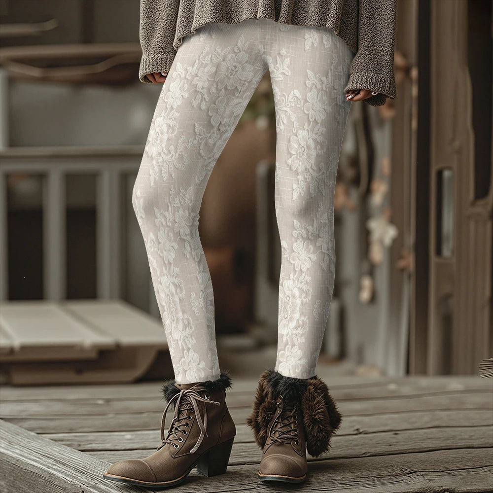 Fashion Women's Slim-Fit Leggings Wine Red Floral Pants Autumn Winter Stylish Thick Warm Pants Sexy Tights for Outdoor Wear