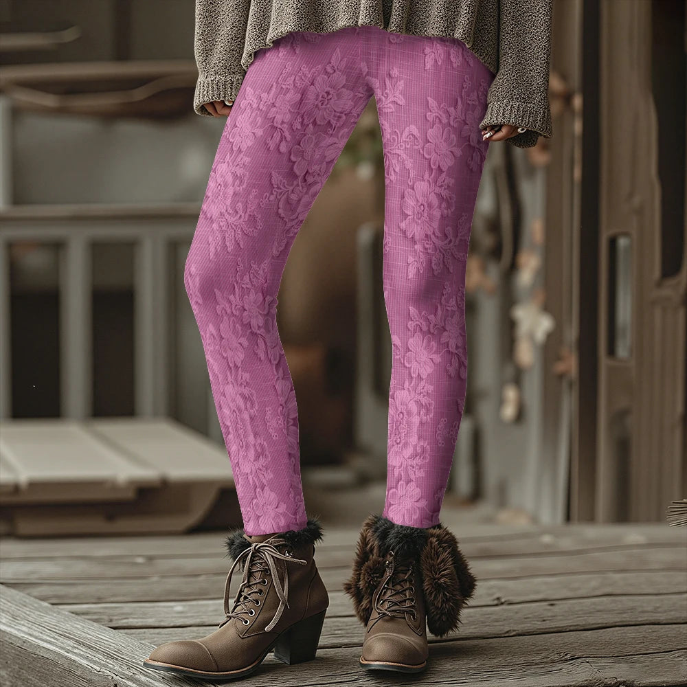 Fashion Women's Slim-Fit Leggings Wine Red Floral Pants Autumn Winter Stylish Thick Warm Pants Sexy Tights for Outdoor Wear