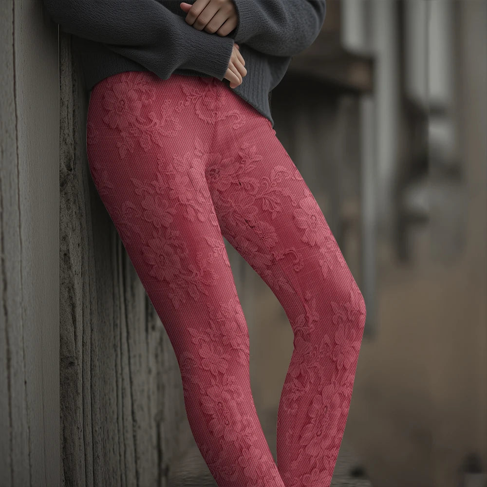 Fashion Women's Slim-Fit Leggings Wine Red Floral Pants Autumn Winter Stylish Thick Warm Pants Sexy Tights for Outdoor Wear