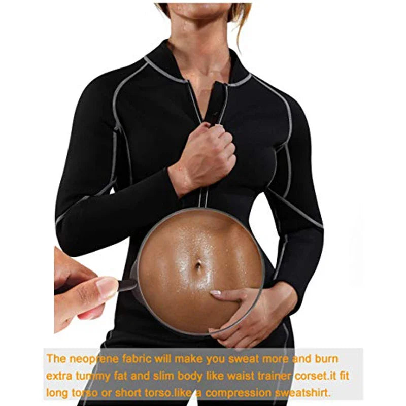 Sauna Suit for Women Sweat Body Shaper Hot Thermal Fat Burning Waist Trainer Long Sleeves Zipper Shirts Workout Shapewear Tops