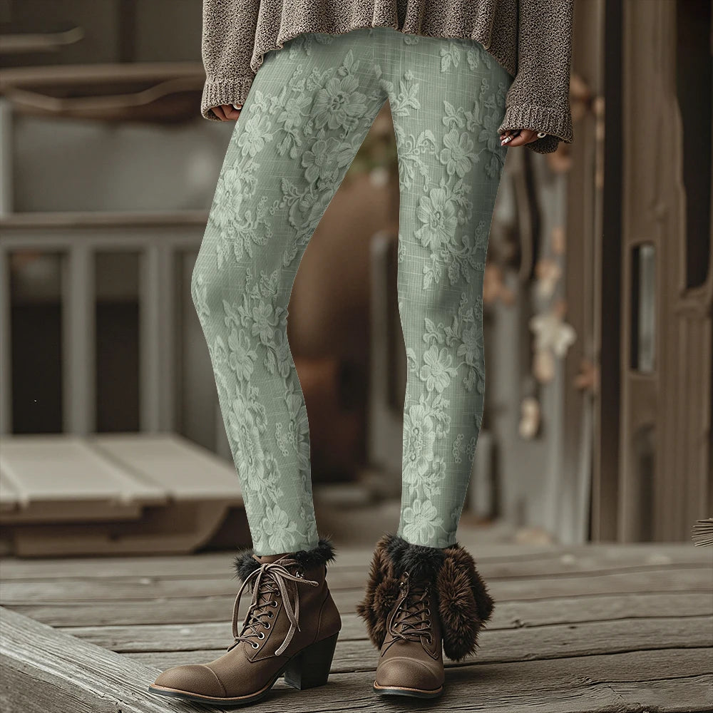 Fashion Women's Slim-Fit Leggings Wine Red Floral Pants Autumn Winter Stylish Thick Warm Pants Sexy Tights for Outdoor Wear