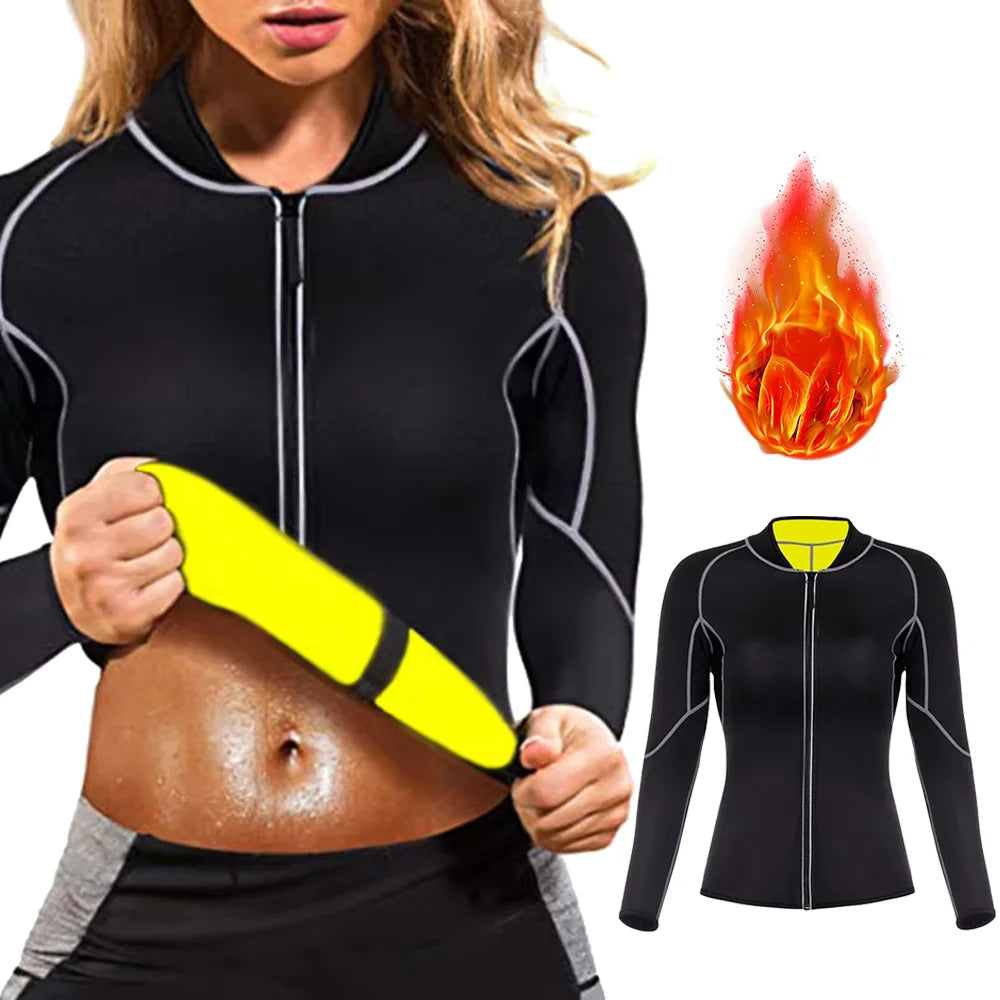 Sauna Suit for Women Sweat Body Shaper Hot Thermal Fat Burning Waist Trainer Long Sleeves Zipper Shirts Workout Shapewear Tops