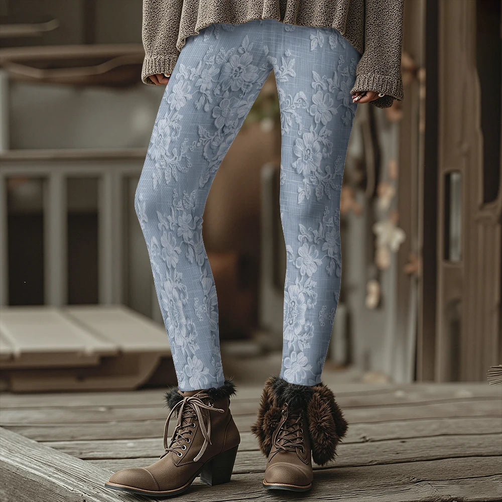 Fashion Women's Slim-Fit Leggings Wine Red Floral Pants Autumn Winter Stylish Thick Warm Pants Sexy Tights for Outdoor Wear