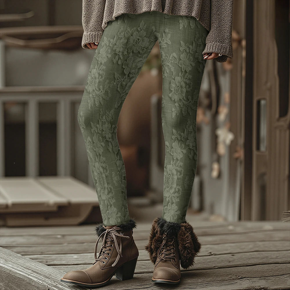 Fashion Women's Slim-Fit Leggings Wine Red Floral Pants Autumn Winter Stylish Thick Warm Pants Sexy Tights for Outdoor Wear