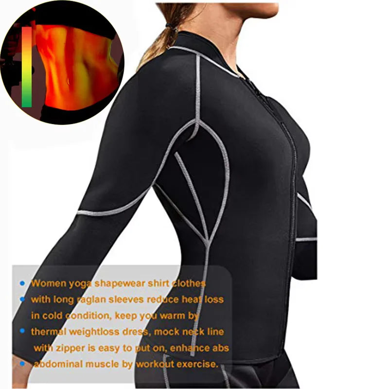 Sauna Suit for Women Sweat Body Shaper Hot Thermal Fat Burning Waist Trainer Long Sleeves Zipper Shirts Workout Shapewear Tops