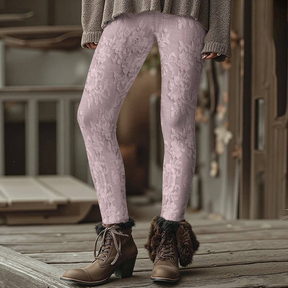 Fashion Women's Slim-Fit Leggings Wine Red Floral Pants Autumn Winter Stylish Thick Warm Pants Sexy Tights for Outdoor Wear