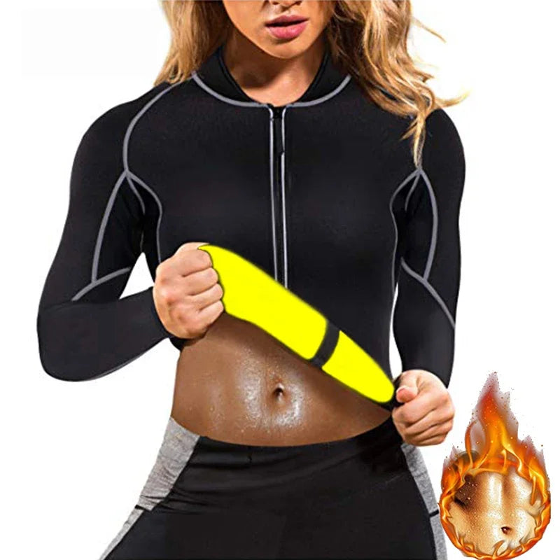 Sauna Suit for Women Sweat Body Shaper Hot Thermal Fat Burning Waist Trainer Long Sleeves Zipper Shirts Workout Shapewear Tops