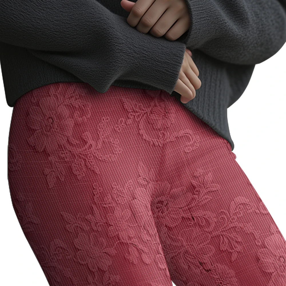 Fashion Women's Slim-Fit Leggings Wine Red Floral Pants Autumn Winter Stylish Thick Warm Pants Sexy Tights for Outdoor Wear
