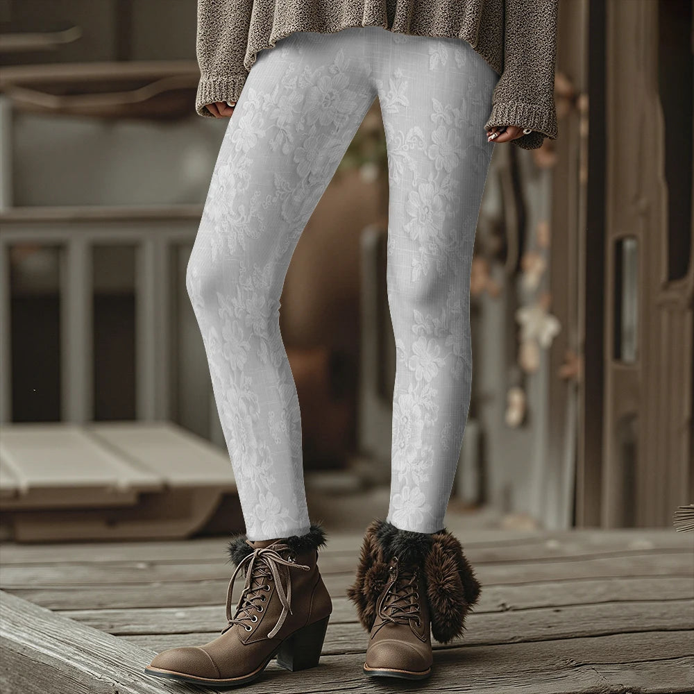 Fashion Women's Slim-Fit Leggings Wine Red Floral Pants Autumn Winter Stylish Thick Warm Pants Sexy Tights for Outdoor Wear