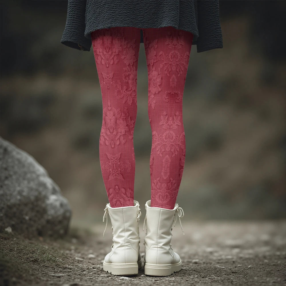 Fashion Women's Slim-Fit Leggings Wine Red Floral Pants Autumn Winter Stylish Thick Warm Pants Sexy Tights for Outdoor Wear