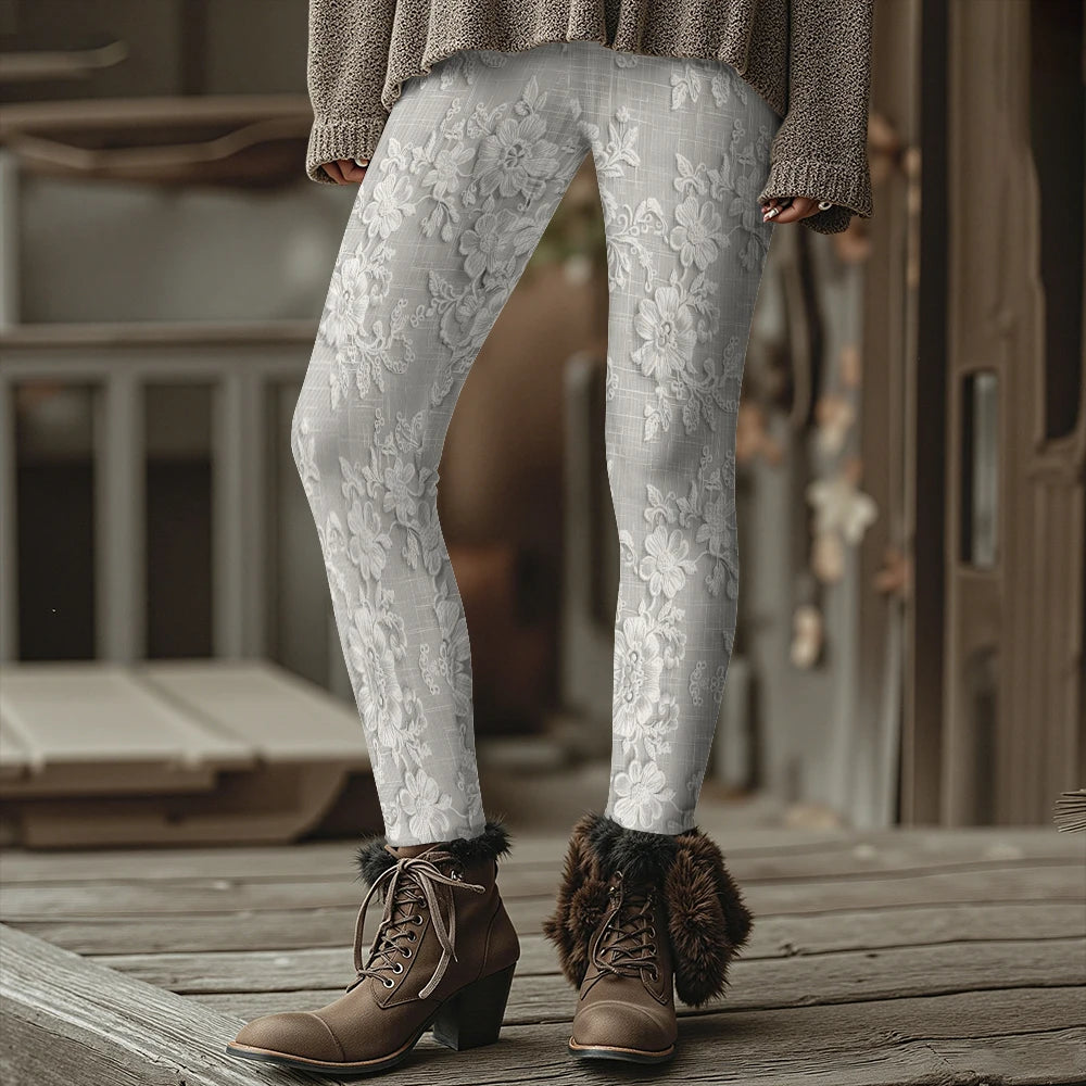 Fashion Women's Slim-Fit Leggings Wine Red Floral Pants Autumn Winter Stylish Thick Warm Pants Sexy Tights for Outdoor Wear