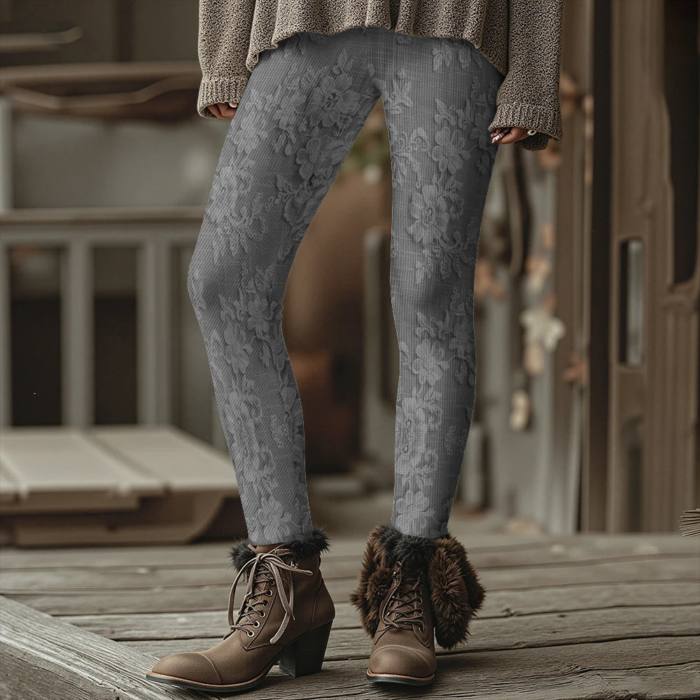 Fashion Women's Slim-Fit Leggings Wine Red Floral Pants Autumn Winter Stylish Thick Warm Pants Sexy Tights for Outdoor Wear