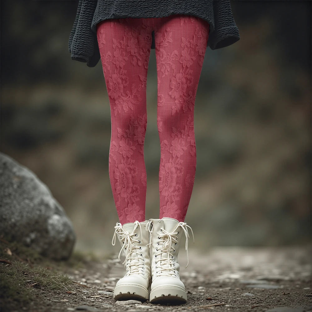 Fashion Women's Slim-Fit Leggings Wine Red Floral Pants Autumn Winter Stylish Thick Warm Pants Sexy Tights for Outdoor Wear