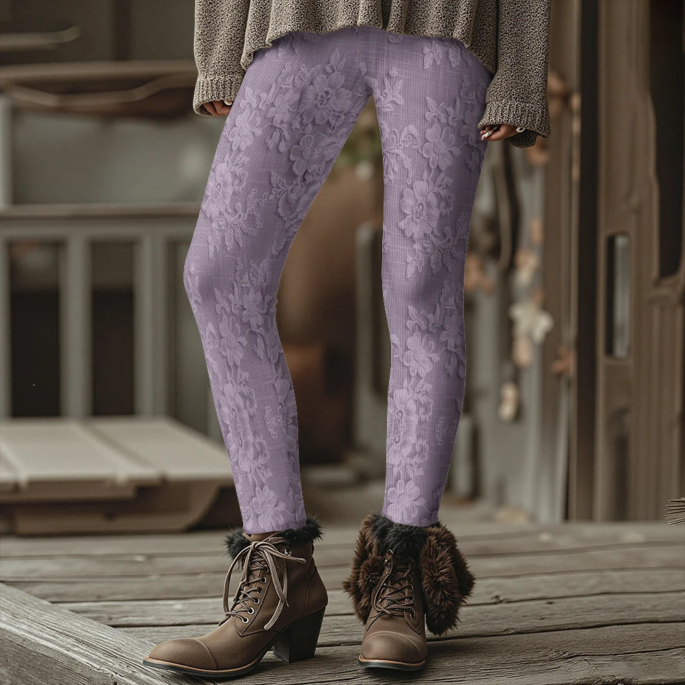 Fashion Women's Slim-Fit Leggings Wine Red Floral Pants Autumn Winter Stylish Thick Warm Pants Sexy Tights for Outdoor Wear