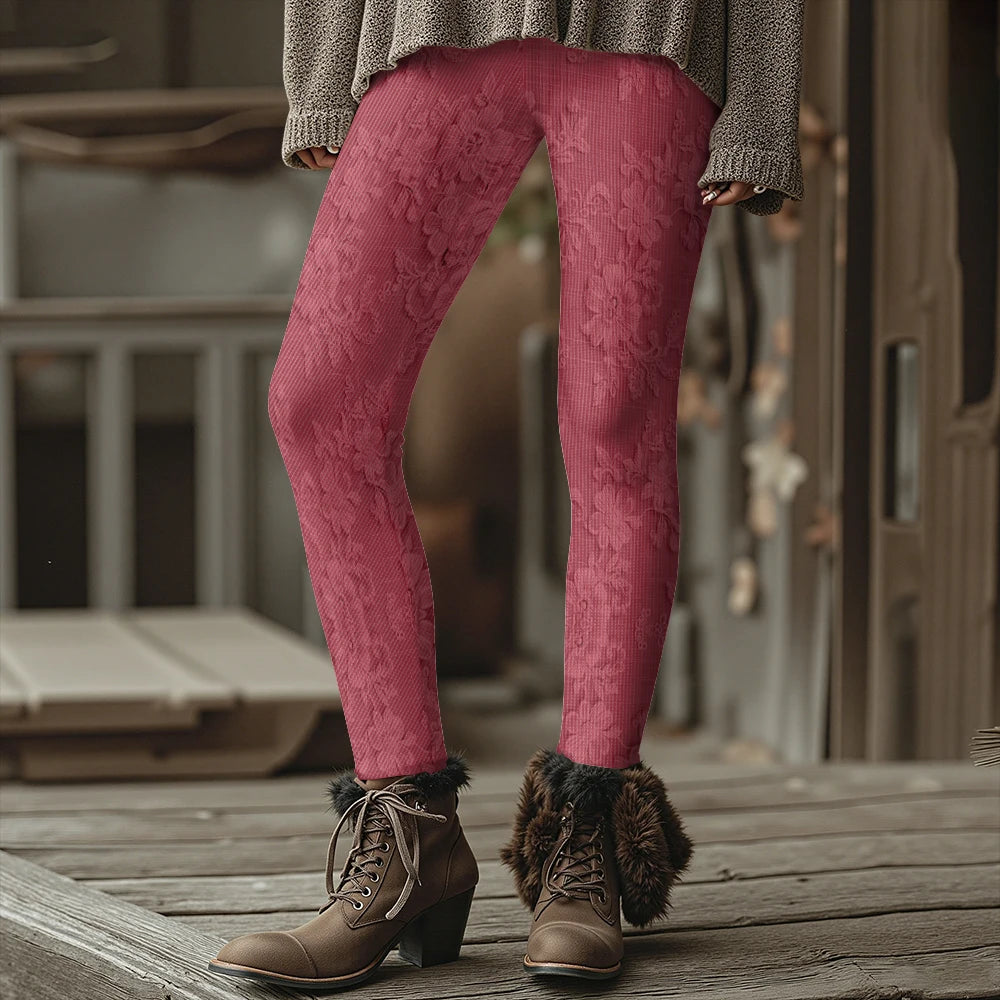 Fashion Women's Slim-Fit Leggings Wine Red Floral Pants Autumn Winter Stylish Thick Warm Pants Sexy Tights for Outdoor Wear